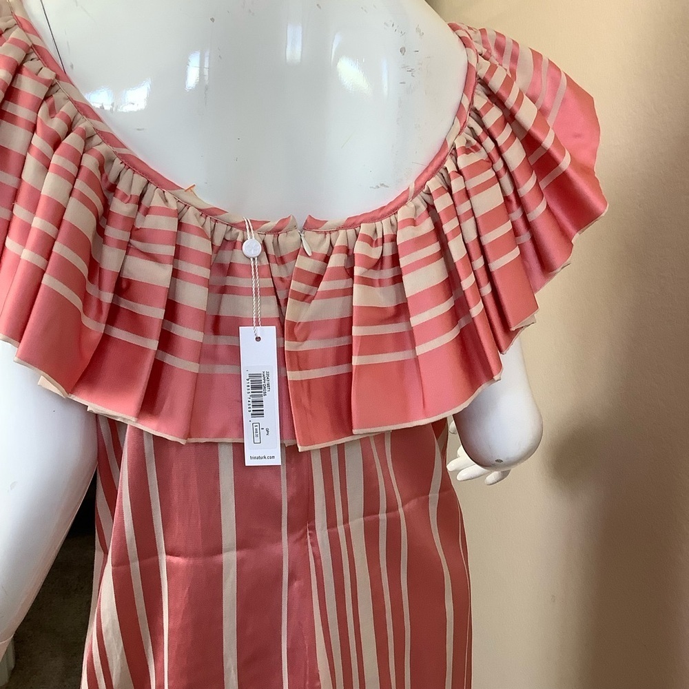 Trina Turk Coral Happy Elegant Coral Striped Ruffle Off-Shoulder Dress - Picture 9 of 11